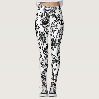 witte en zwarte Henna Geïnspireerde Floral Leggings