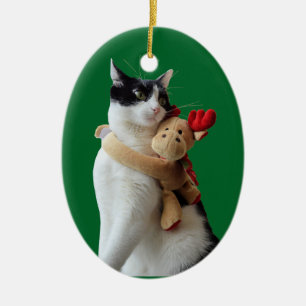 Witte en zwarte kat en rendierkerst Speelgoed Keramisch Ornament
