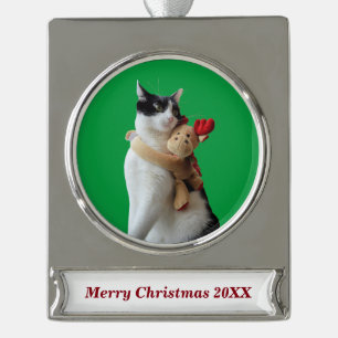 Witte en zwarte kat en rendierkerst Speelgoed Verzilverd Banner Ornament