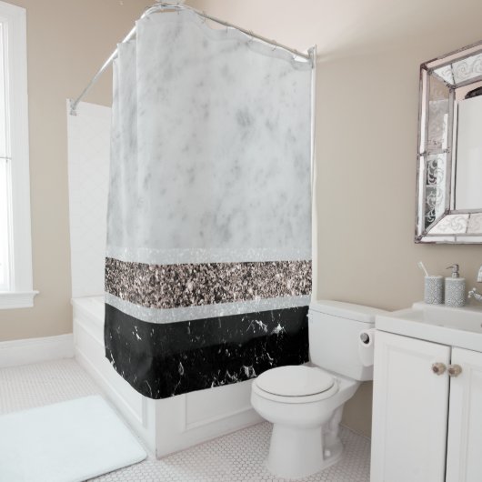 Witte en zwarte Roos Glitter Stripe #1 Douchegordijn (In situ)