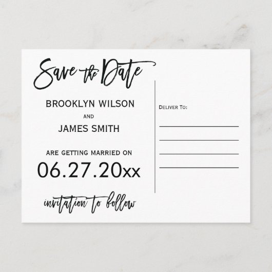 Witte en zwarte Save The Date-ansichtkaarten Aankondigingskaart (Achterkant)