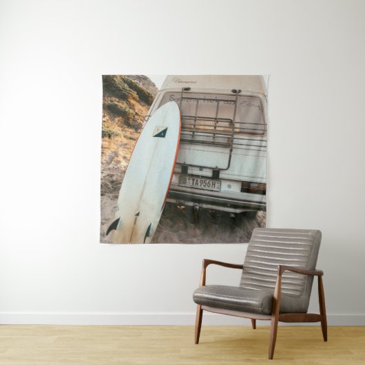 Witte en zwarte surfplank wandkleed (In situ)