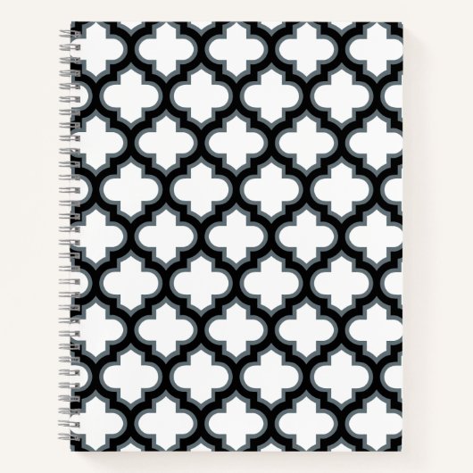Witte en zwarte trellis, lattice, quatrefoil notitieboek (Voorkant)
