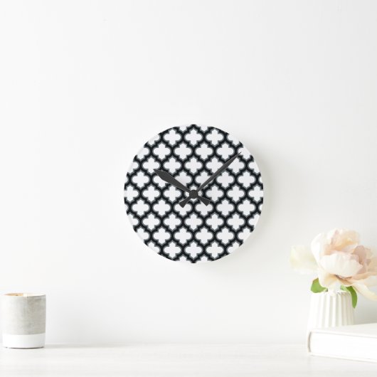 Witte en zwarte trellis, lattice, quatrefoil ronde klok (Huis)