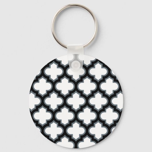 Witte en zwarte trellis, lattice, quatrefoil sleutelhanger (Voorkant)