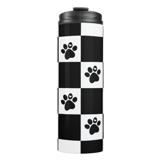 Witte en zwarte vierkantjes Pawprint Thermosbeker (Voorkant)