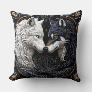 Witte en Zwarte Wolven die Dualiteit Symboliseren Kussen