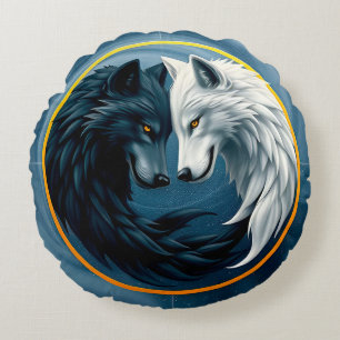 Witte en zwarte wolven die Yin en Yang vertegenwoo Rond Kussen