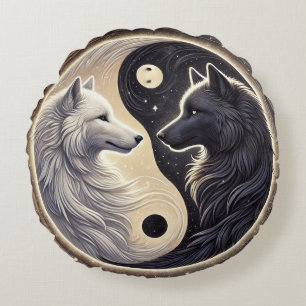 Witte en Zwarte Wolven die Yin en Yang vertegenwoo Rond Kussen