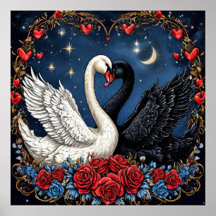 Witte en Zwarte Zwanen met Harten en Rozen Poster