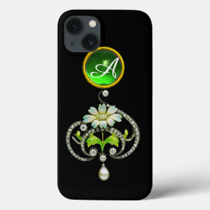 WITTE ENAMELSTROOM, PEARLS EN DIAMONDS MONOGRAM iPhone 13 HOESJE