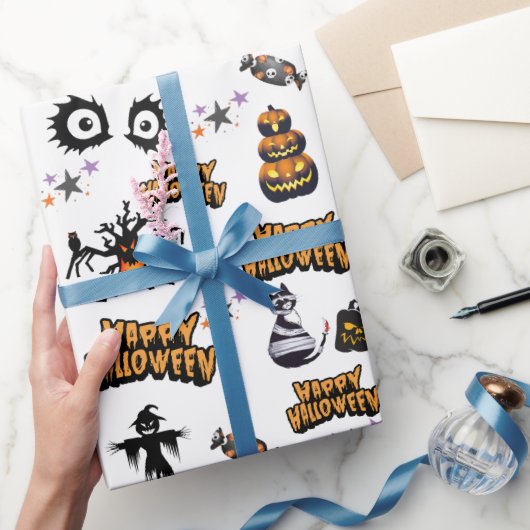 Witte Enge Halloween Ogen Pompoen Kat Cadeaupapier (Geschenken)