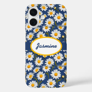 Witte Engelse madeliefjes op blauw iPhone 16 Hoesje