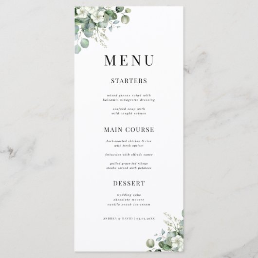 Witte eucalyptus bloemenzomer Natuur bruiloft Menu (Voorkant)