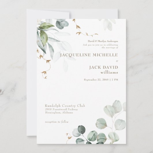 Witte Eucalyptus Elegance Bruid Ouders Bruiloft Kaart (Voorkant)