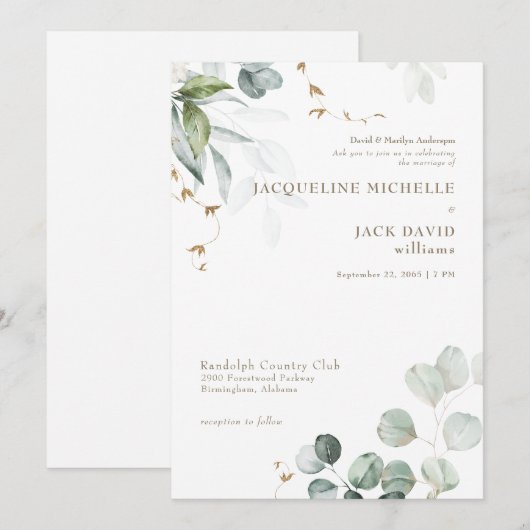 Witte Eucalyptus Elegance Bruid Ouders Bruiloft Kaart (Voorkant / Achterkant)