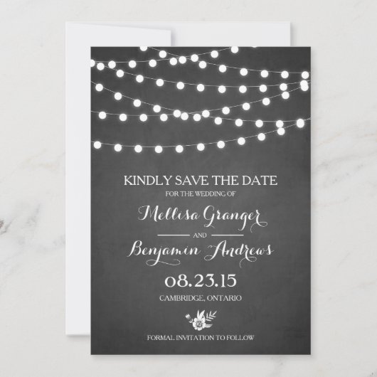 Witte Fairy Lights Faux Krijtbord Huwelijk Save The Date (Voorkant)