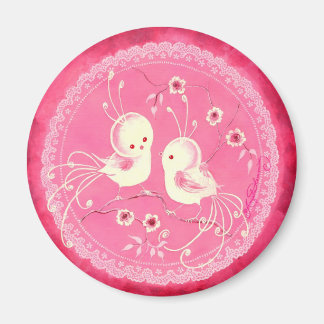 Witte fantasievogels met bloemen en kanten rand magneet