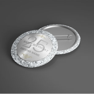 Witte faux diamanten 25e verjaardag ronde button 4,0 cm