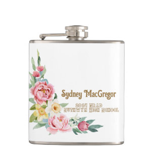 Witte Flask met Roze Pioenrozen Afstuderen Heupfles