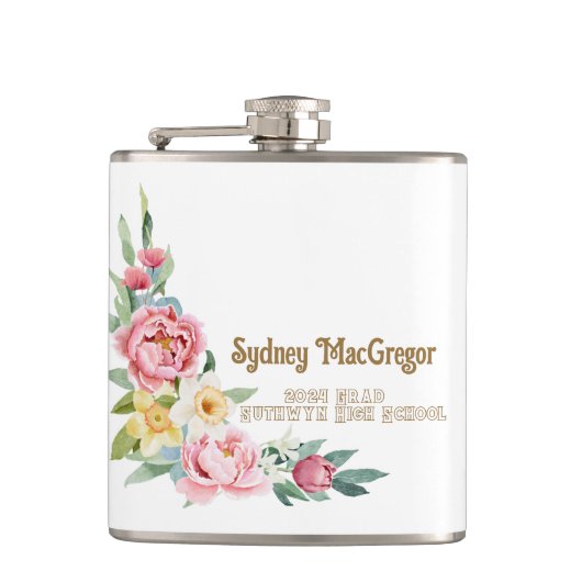 Witte Flask met Roze Pioenrozen Afstuderen Heupfles (Voorkant)