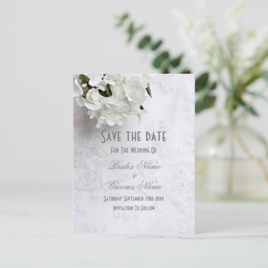 Witte florale bouquet bruiloft met uitzondering va aankondigingskaart (Staand voorkant)