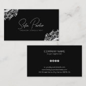 Witte florale draai op zwart visitekaartje (Voorkant / Achterkant)