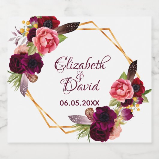 Witte florale geometrische bogundie sparkling wijnetiket (Enkel label)