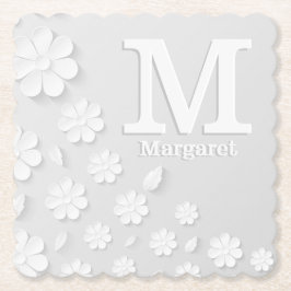 Witte florale ingegraveerde naam initialen geperso kartonnen onderzetters