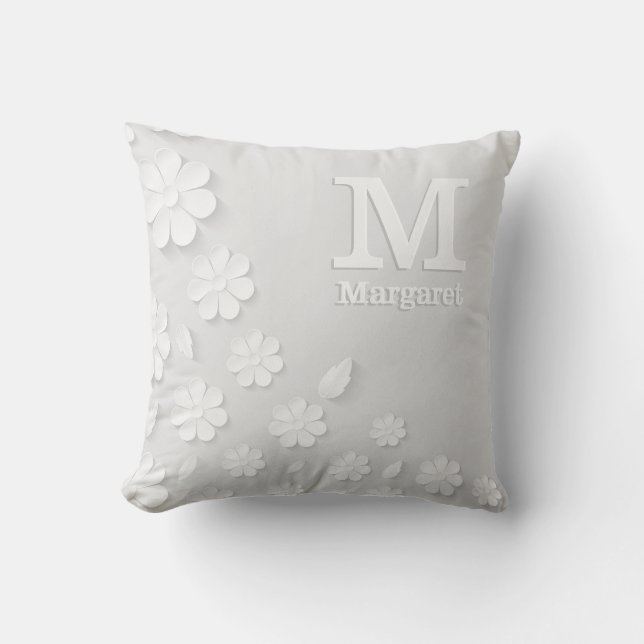 Witte florale ingegraveerde naam initialen geperso kussen (Voorkant)