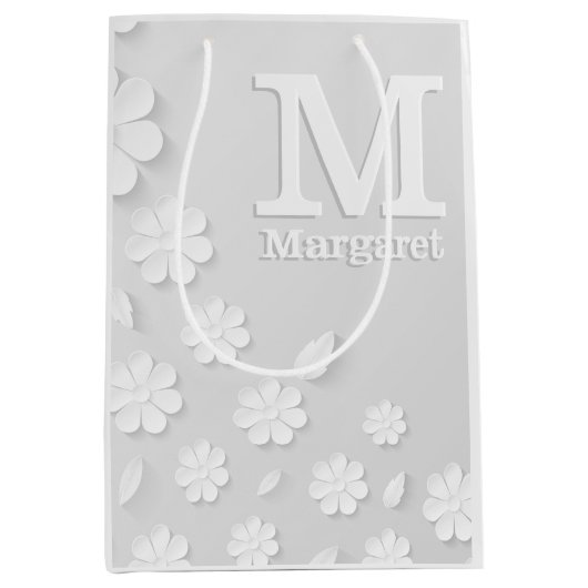Witte florale ingegraveerde naam initialen geperso medium cadeauzakje (Voorkant)