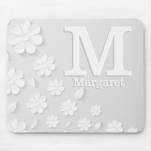 Witte florale ingegraveerde naam initialen geperso muismat (Voorkant)