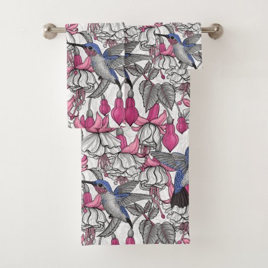 Witte fuchsie en kolibrie bad handdoek (Insitu)