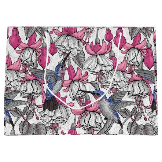 Witte fuchsie en kolibrie groot cadeauzakje (Voorkant)