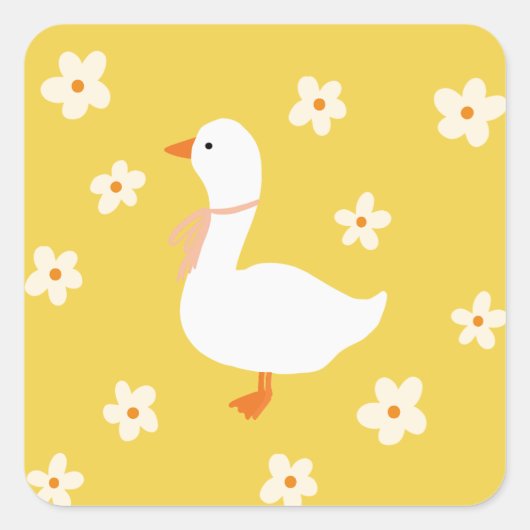 Witte Gans en Daisies Vierkante Sticker (Voorkant)
