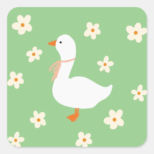 Witte Gans en Daisies Vierkante Sticker (Voorkant)