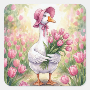 Witte Gans Met Roze Tulpen Vierkante Sticker