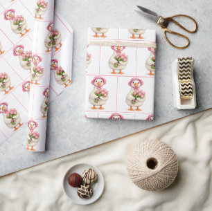 Witte Gans met Roze Tulpenboeket Cadeaupapier