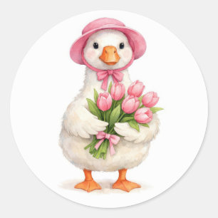 Witte Gans met Roze Tulpenboeket Ronde Sticker
