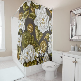 Witte Gardenia Bloemen Goud en Zilver Glitters Douchegordijn
