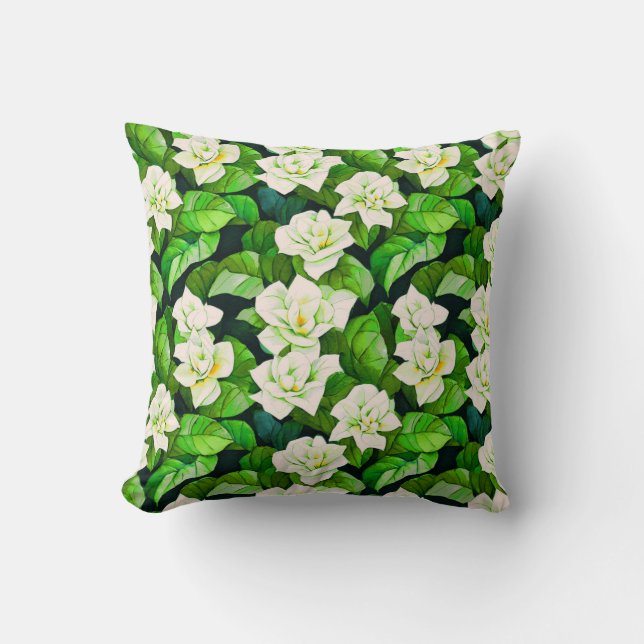 Witte Gardenia's en Jade Groene Bladeren Kussen (Voorkant)
