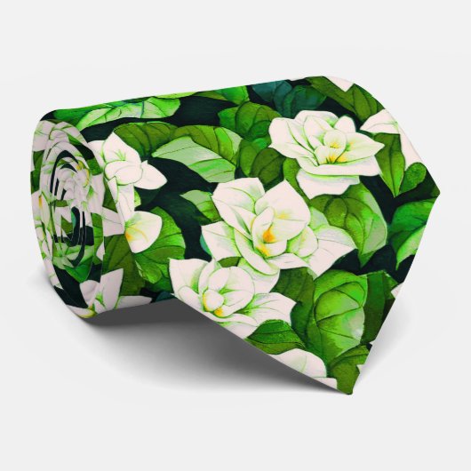 Witte Gardenia's en Jade Groene Bladeren Stropdas (Opgerold)