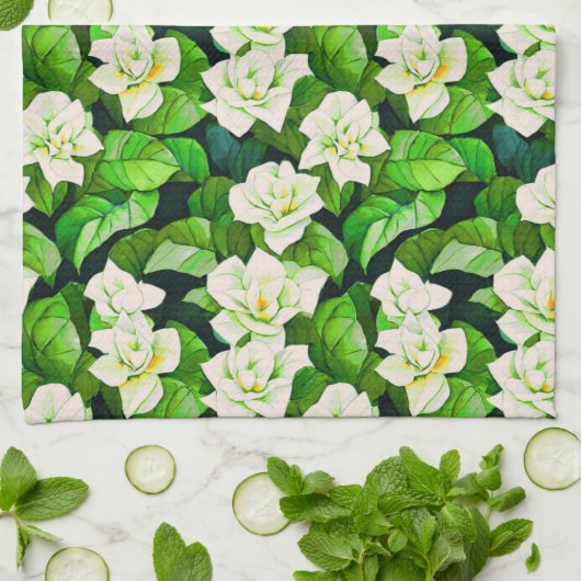 Witte Gardenia's en Jade Groene Bladeren Theedoek (Gevouwen)
