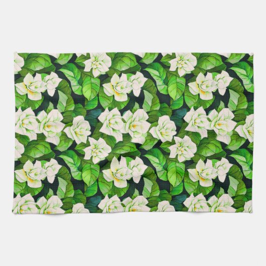 Witte Gardenia's en Jade Groene Bladeren Theedoek (Horizontaal)