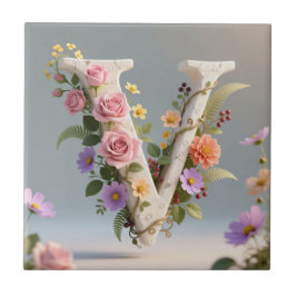 Witte gebloemde gestructureerde monogram letter V Tegeltje