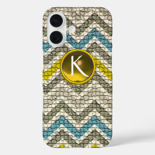 WITTE GEEL GRIJS BLAUWE MOSAISCHE CHEVRONS GEM MON iPhone 16 HOESJE