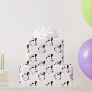 Witte geesten en zwarte katten Witte Halloween Cadeaupapier