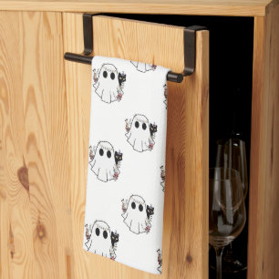 Witte geesten en zwarte katten Witte Halloween Theedoek
