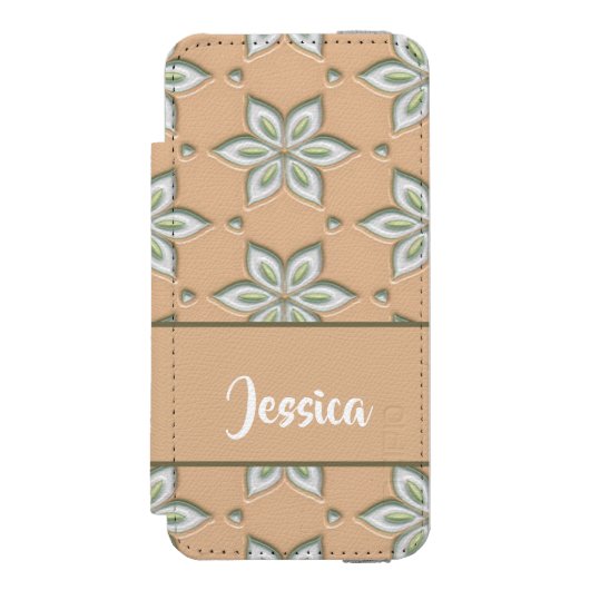 Witte gegraveerde bloemen op bruin incipio iPhone portemonnee hoesje (Voorkant Agenda)