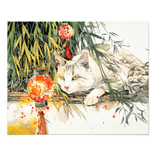 Witte Geisha Kat in Bamboebos Chinese Inkt Foto Afdruk